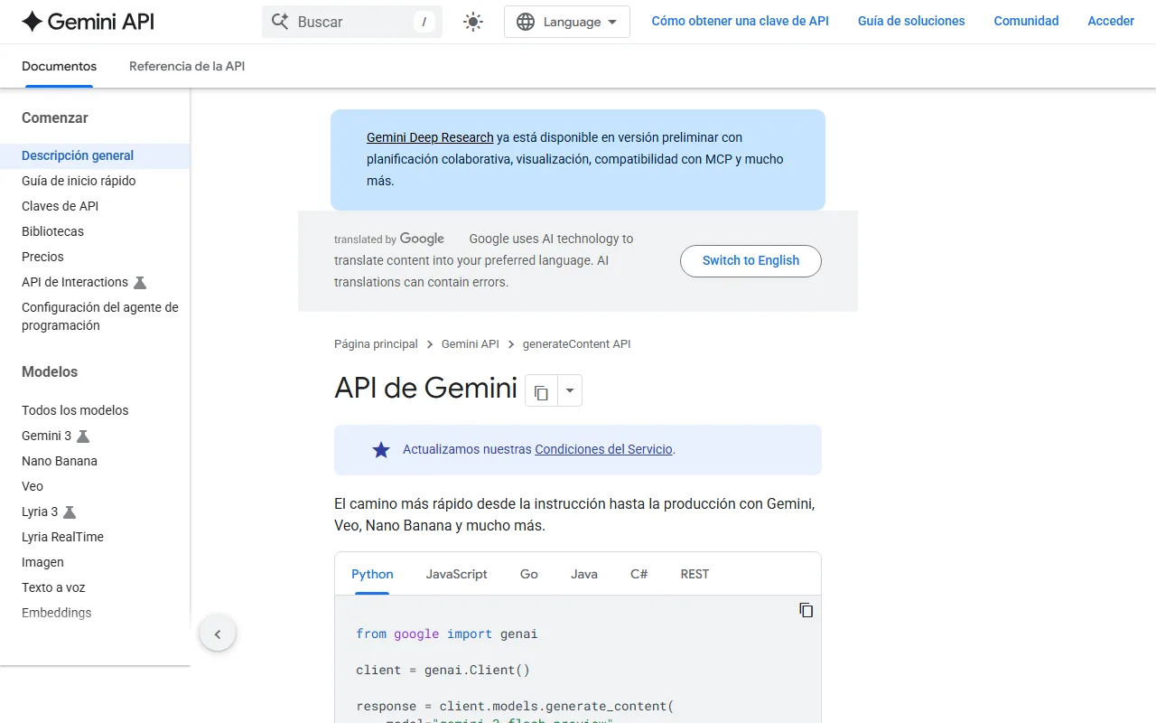 Documentación de la API de Gemini